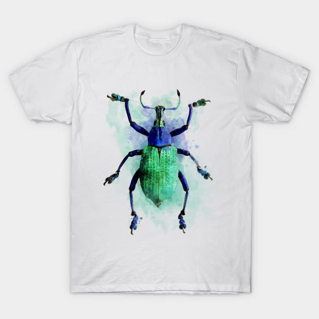 Dramabite Watercolor beetle green purple turquoise insect painting T-Shirt by dramabite